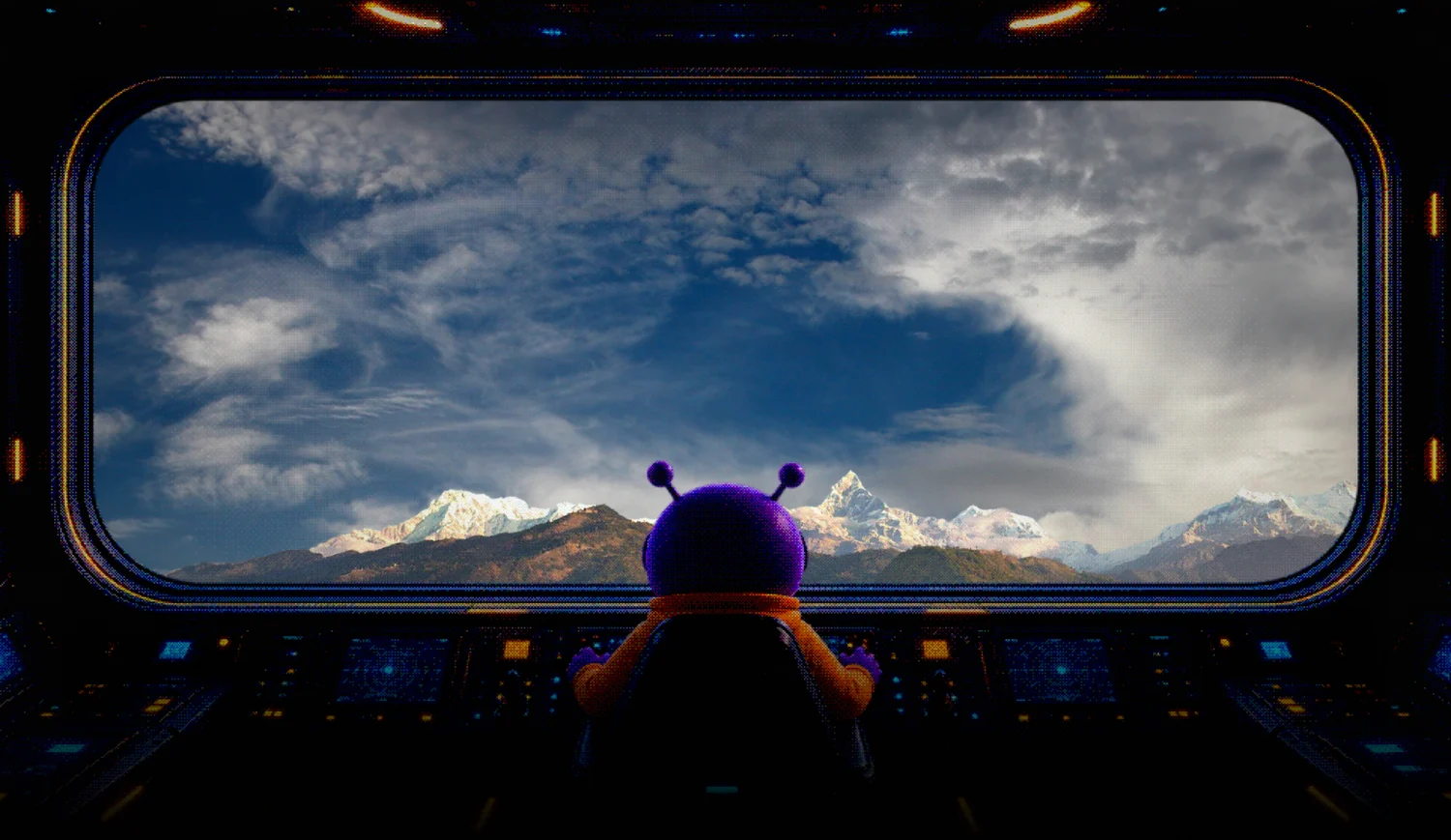 Orbsy at the controls of a spacecraft, looking out through the window at the Annapurna range above Pokhara